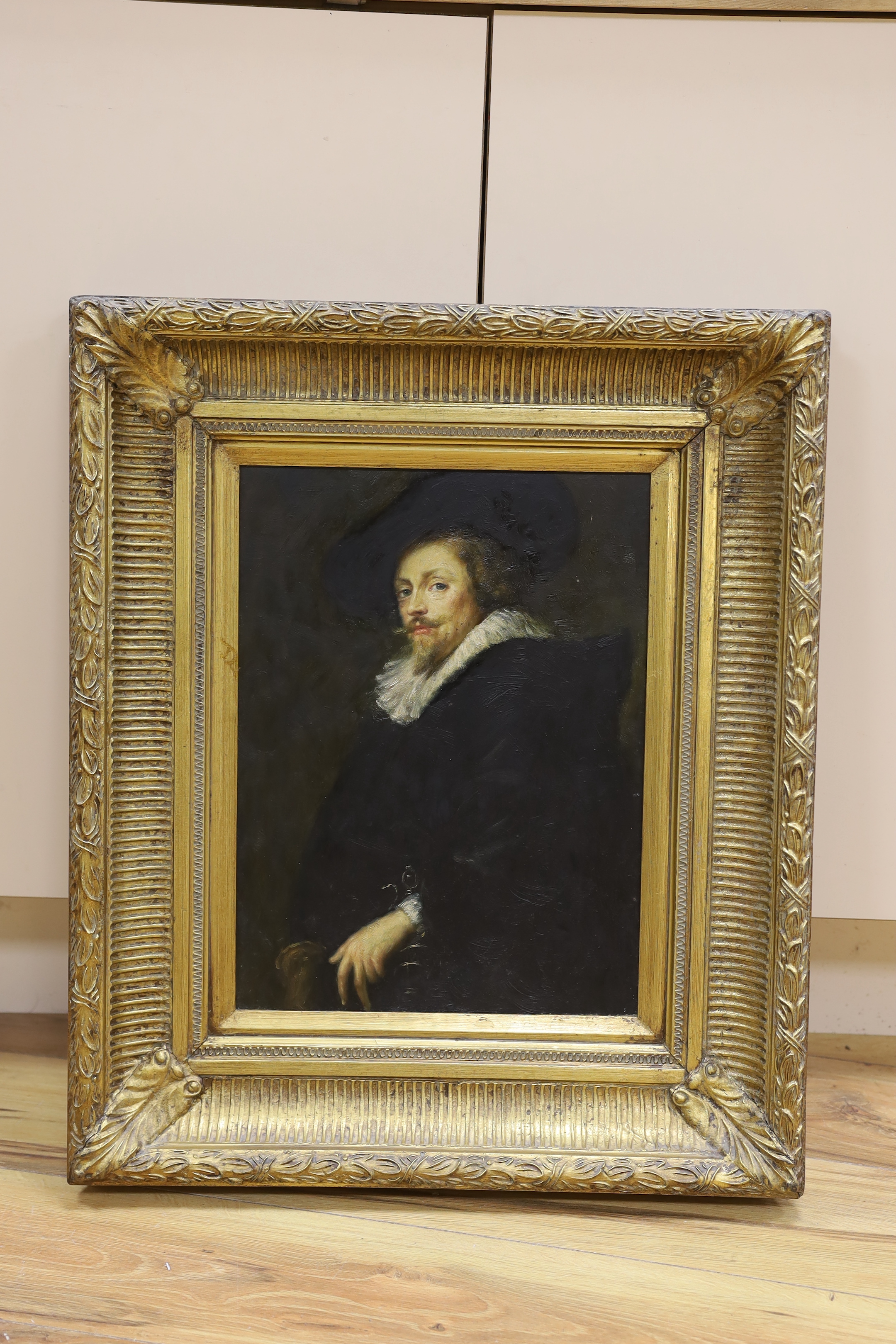 After Peter Paul Rubens (1577 - 1640), oil on board, Self portrait, together with another, portrait of a lady, ornate gilt framed, 39 x 29cm